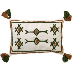 Dutch Decor ZITA - Kussenhoes katoen 40x60 cm - Chive - groen / wit / bruin - met flosjes - Dutch Decor