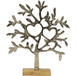 Decoratie levensboom - Tree of Life - aluminium/hout - 23 x 26 cm - zilver kleurig - Beeldjes