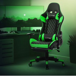 Gaming stoel met uittrekbare voetsteun 2D armsteun zwart/groen in kunstleer ML-Design