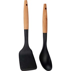 Kook/keuken gerei - set van 2x stuks - zwart/bruin - kunststof/hout - kook accessoires - Soeplepels