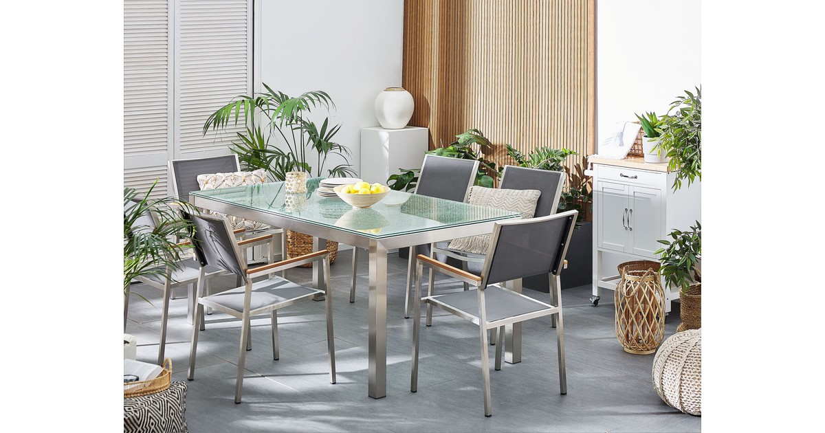 Tuinset matglas/RVS enkel tafelblad 180 x 90 cm met 6 stoelen grijs GROSSETO