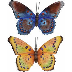 Vlinders - 2x - metaal - geel/paars/bruin/blauw - 35 x 24 cm - Tuinbeelden