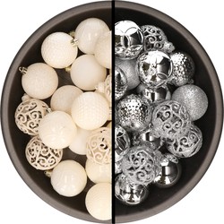 Kerstballen - 74x stuks - wol wit en zilver - 6 cm - kunststof - Kerstbal