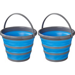 2x stuks compacte opvouwbare/inklapbare emmers blauw/grijs 10 liter camping/vis emmers - Emmers