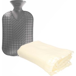 Fleece deken/plaid Licht Beige 130 x 170 cm en een warmwater kruik 2 liter - Plaids