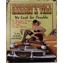Clayre & Eef Tekstbord  20x25 cm Groen Geel Ijzer Garage & Tire Wandbord
