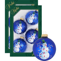 8x stuks luxe glazen kerstballen 7 cm blauw met sneeuwpop - Kerstbal