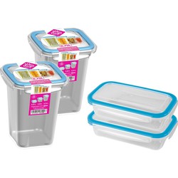 4x Voedsel plastic bewaarbakjes 0,5 en 0,75 liter transparant/blauw - Vershoudbakjes