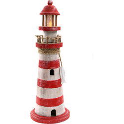 Vuurtoren beeldje met LED licht - Hout - 12 x 35 cm - wit/rood - Beeldjes