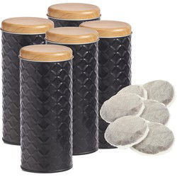 Zeller Bewaarblik voor koffiepads - 5x - zwart - metaal - 7,5 x 18 cm - Voorraadblikken