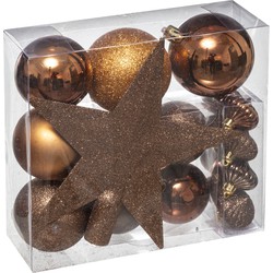 Set van 17x stuks kunststof kerstballen met ster piek kastanje bruin - Kerstbal
