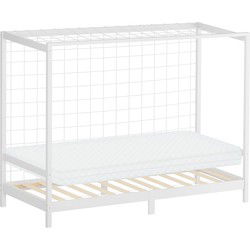 Kinderbed voetbaldoel 90x200 cm wit gemaakt van grenenhout incl. matras H-10cm houten bed met lattenbodem & doelnet ML-Design