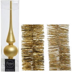 Kerstversiering glazen piek mat 26 cm en folieslingers pakket goud van 3x stuks - kerstboompieken