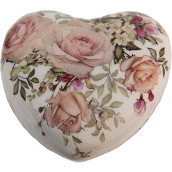 Clayre & Eef Decoratie Hart 11x11x4 cm Wit Roze Keramiek Hartvormig Bloemen