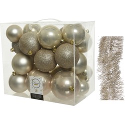 Kerstversiering kerstballen 6-8-10 cm met folieslingers pakket parel/champagne van 28x stuks - Kerstbal