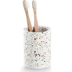 Zeller Tandenborstel beker/houder - wit - terrazzo design - keramiek - rond - 8 x 11 cm - Tandenborstelhouders