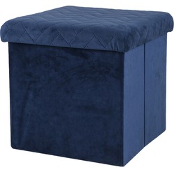 Urban Living Poef/hocker - opbergbox zit krukje - velvet donkerblauw - polyester/mdf - 38 x 38 cm - opvouwbaar - Poefs