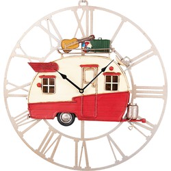 Clayre & Eef Wandklok  48x50 cm Rood Wit Metaal Rond Caravan Muurklok