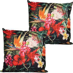Anna's collection buitenkussen bloem - 2x - rood/zwart - 60 x 60 cm - Sierkussens