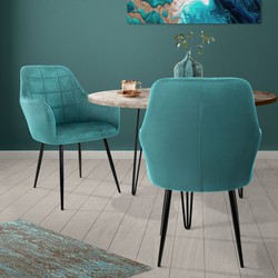 Eetkamerstoel set van 2 vierkant gewatteerd met rugleuning en armleuningen Petrol keukenstoel met microvezel fluwelen hoes ML design