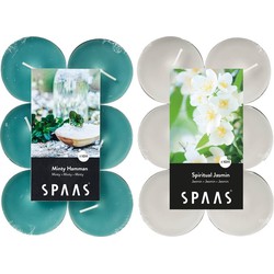 Candles by Spaas geurkaarsen - 24x stuks in 2 geuren Jasmin en Minty Hammam - geurkaarsen