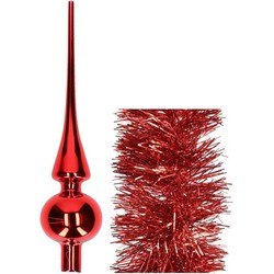 Kerstversiering glazen piek glans 26 cm en folieslingers pakket rood van 3x stuks - kerstboompieken