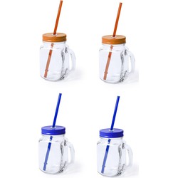 4x stuks drink potjes van glas Mason Jar blauw/oranje 500 ml - Drinkbekers