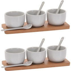 6x stuks amuse/tapas/saus schaaltjes wit 6 cm van porselein met serveerplankjes 21 cm - Snack en tapasschalen