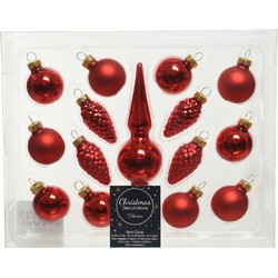 Kerst rode glazen kerstballen 3 cm en piek set voor mini kerstboom 15-dlg - Kerstbal