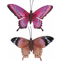 Vlinders - 2x - metaal - roestbruin/roze - 35 x 24 cm - muurdeco - Tuinbeelden