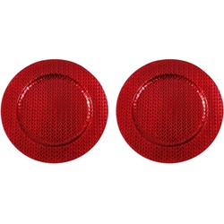 2x Ronde rode vlechtpatroon onderzet borden/kaarsonderzetter 33 cm - Kaarsenplateaus