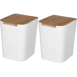 5Five prullenbak/vuilnisbak - 2x stuks - 5 liter - bamboe - wit/lichtbruin - 24 x 19 cm - badkamer - Pedaalemmers