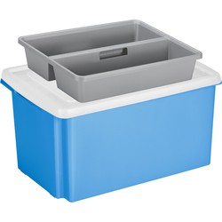 Sunware opslagbox kunststof 51 liter blauw 59 x 39 x 29 cm met deksel en organiser tray - Opbergbox