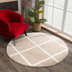 Tapijtenloods Madrid Shaggy Rond Geruit Vloerkleed Beige Creme Hoogpolig- 80 CM ROND