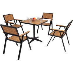 Cosmo Casa Set Van 4 Tuinstoelen - Tuintafel - Stoeltafel - Gastro Outdoor Coating - Aluminium - Houtlook - Zwart, Teak