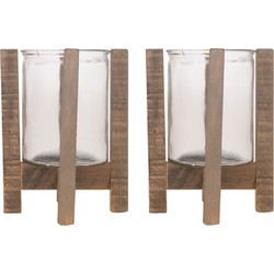 2x Kaarsenhouders voor theelichtjes/waxinelichtjes op houten standaard 24,5 cm - Waxinelichtjeshouders