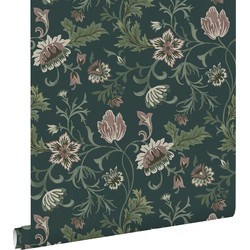 ESTAhome behang vintage bloemen antraciet grijs en groen - 0.53 x 10.05 m - 139415