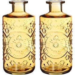 Ideas4seasons Bloemenvaas/flesvaas Berlin - 2x - met motief - helder glas - okergeel - D9 x H21 cm - Vazen