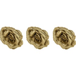 3x stuks decoratie bloemen roos goud glitter op clip 18 cm - Kunstbloemen