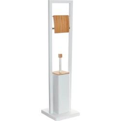 Toiletborstel met toiletrolhouder wit metaal/bamboe 80 cm - Toiletborstels