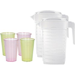 2x stuks water/limonade schenkkannen 2 liter met 12x kunststof glazen voordeelset - Schenkkannen