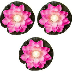 Waterlelie LED- 3x -licht - roze - 13 cm - kunststof - drijvend - LED kaarsen