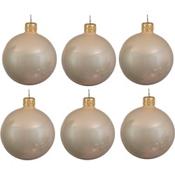 Decoris Kerstballen set - 6x stuks - parel/champagne - glas - 6 cm - glans - met gouden ophanglintje - Kerstbal