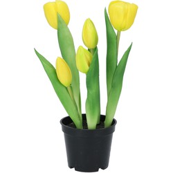 DK Design Kunst tulpen Holland in pot - 5x stuks - geel - real touch - 26 cm - Kunstbloemen