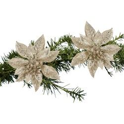 2x stuks kerstboom decoratie bloemen champagne glitter op clip 15 cm - Kersthangers