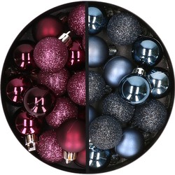 34x stuks kunststof kerstballen aubergine paars en donkerblauw 3 cm - Kerstbal