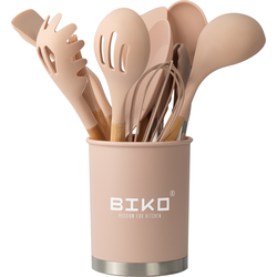 BIKO  Kookgerei - Keukengerei Kitchen Set - 13 delige set - Bamboe hout - Siliconen - BPA vrij - Roze