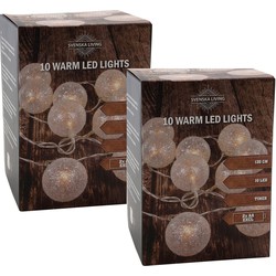 Set van 2x stuks glitter balletjes lichtsnoer warm wit 135 cm kerstverlichting - Lichtsnoeren