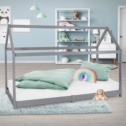 Kinderbed met dak en lattenbodem 90x200 cm Lichtgrijs Dennenhout ML Design