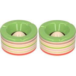 Set van 2x stuks terras asbakken/stormasbakken rond keramiek 14 x 7,5 cm groen met streep - Asbakken